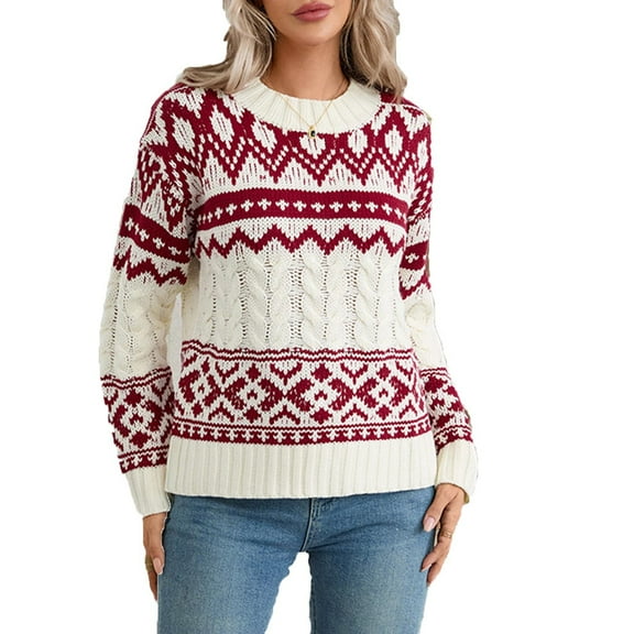 Women's Christmas Sweater Long Sleeve Crewneck Vintage Ribbed Cable Knit Pullover Tops Wine S
