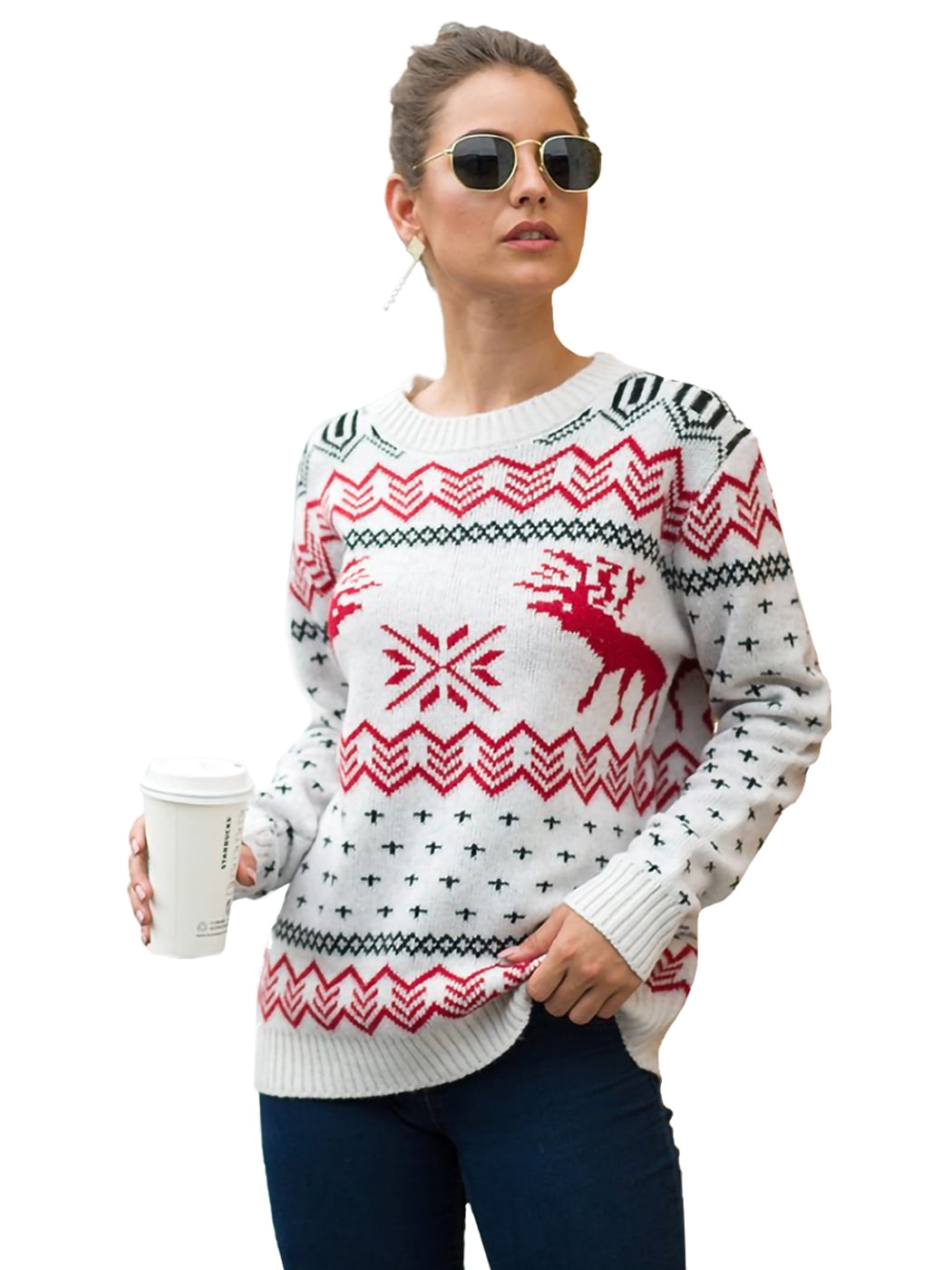 Women's Christmas Sweater Long Sleeve Reindeer Snowflakes Patterns Knit ...