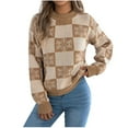 thumbnail image 1 of Women's Christmas Sweater Snowflake Checkered Knit Pullover Long Sleeve Winter Holiday Top Khaki M, 1 of 8