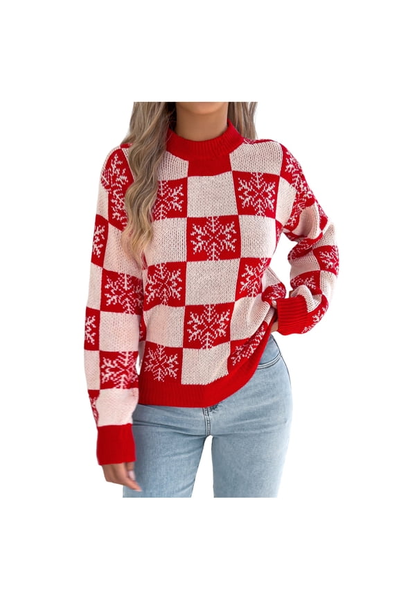 Women's Christmas Sweater Snowflake Checkered Knit Pullover Long Sleeve Winter Holiday Top Red L