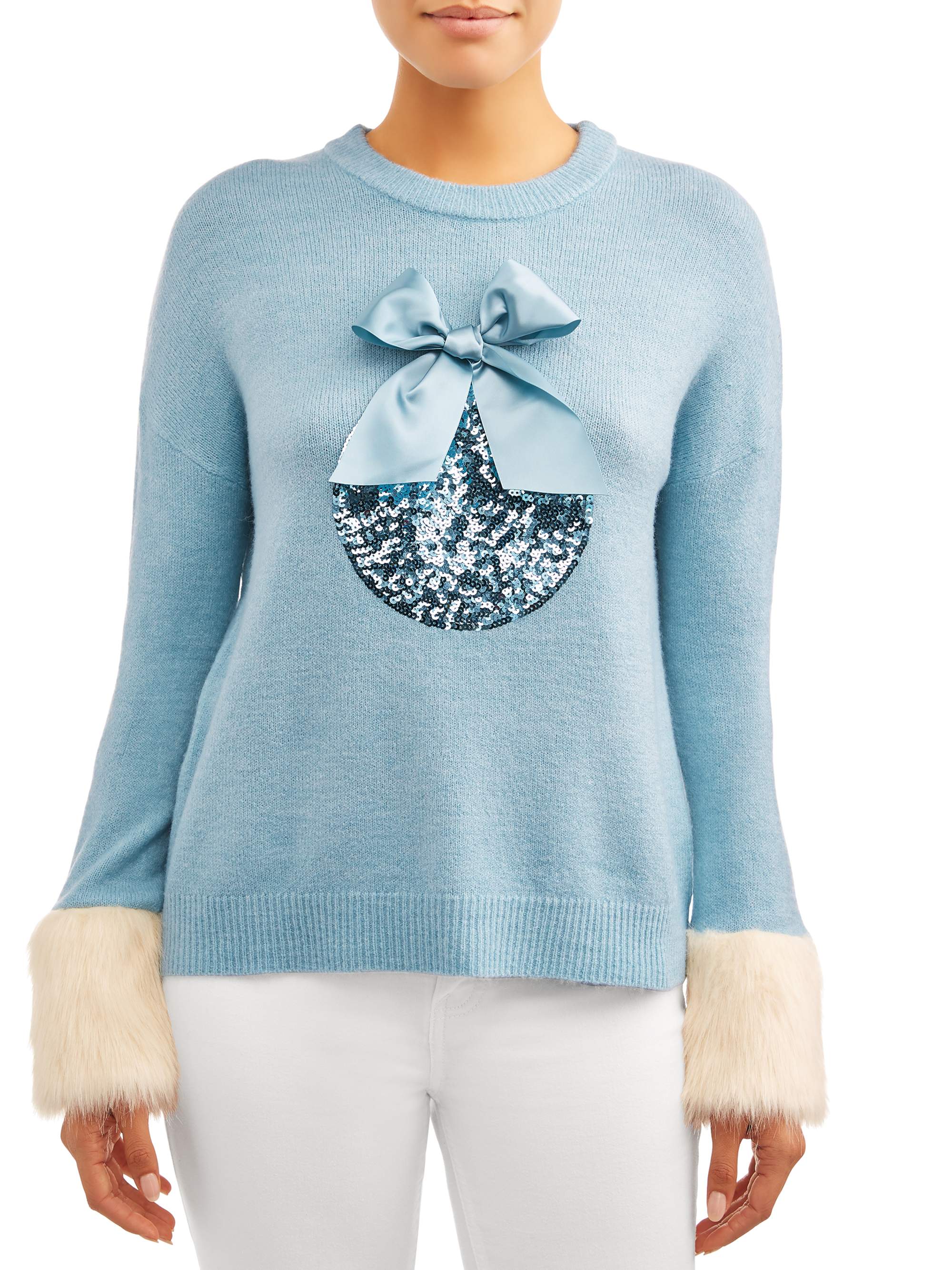Women's Christmas Sweater with Faux Fur Cuff Sleeve - Walmart.com