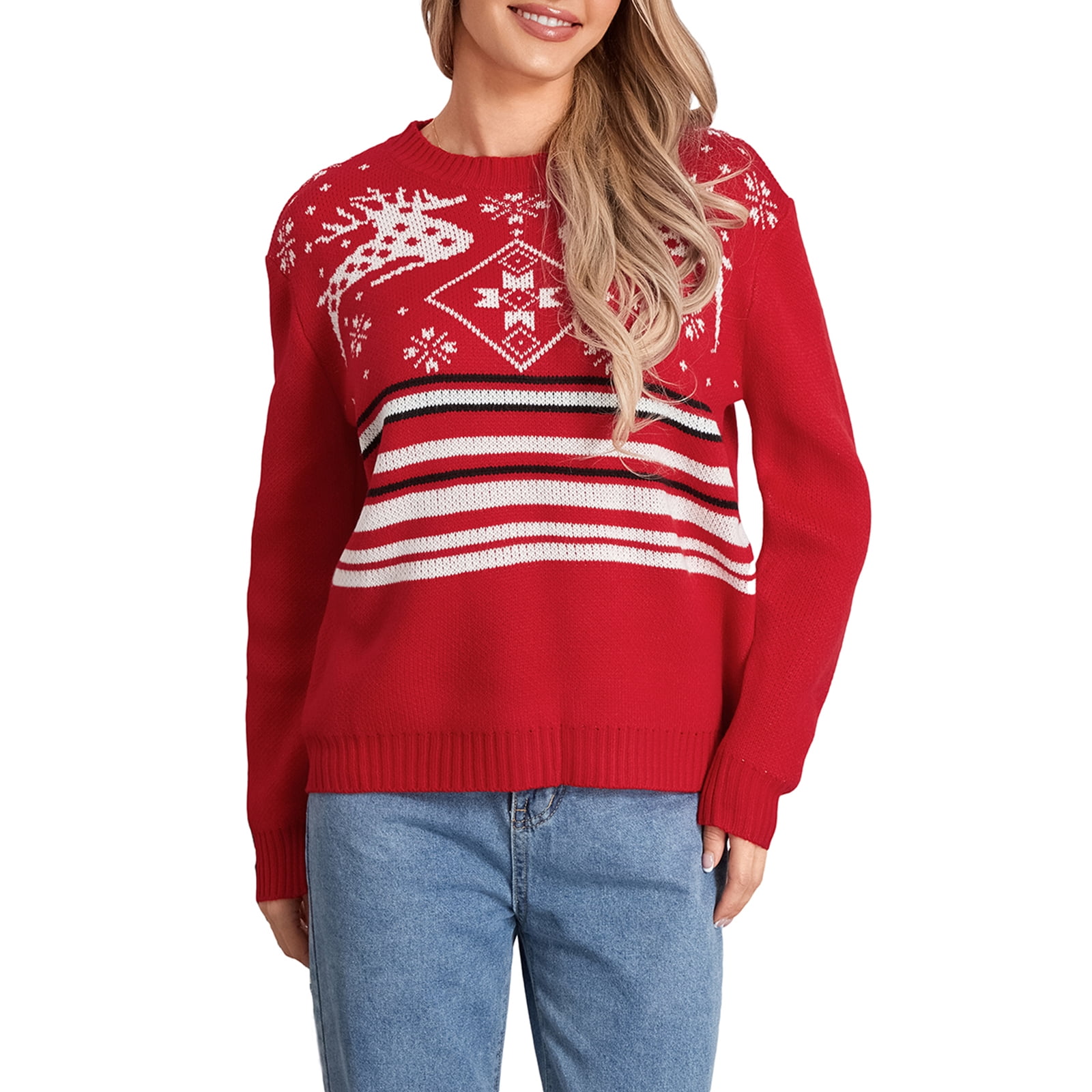 Women's Christmas Sweaters Classic Snowflake Stripes Print Long Sleeve ...