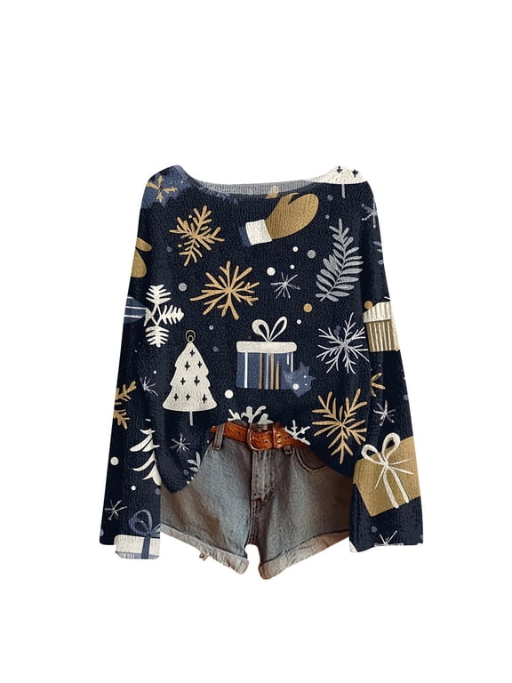 Women's Christmas Sweaters Gift Mitten Graphic Long Sleeve Crewneck Snowflake Winter Warmth Comfort Lightweight Casual Tops