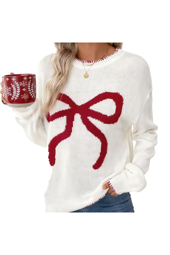 Women's Christmas Sweaters Valentine Bow Print Pullover Tops Crew Neck Sweatshirts Knit Red Ribbon Shirts Fall Sweatshirt Warm Casual Blouses Winter Clothes