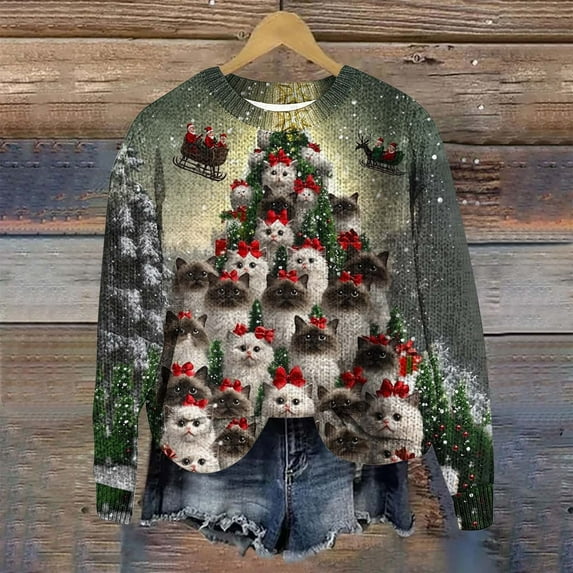 Women's Christmas Sweaters Womens Sweater Round Neck Long Sleeve Christmas Print Pullover Sweater for A Warm Holiday Season