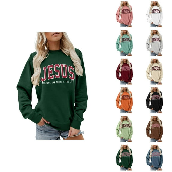 Women's Christmas Sweatshirt 2026 Long Sleeve Crewneck Jesus The Way The Truth The Life Christian Sweat Shirts Pullover Top