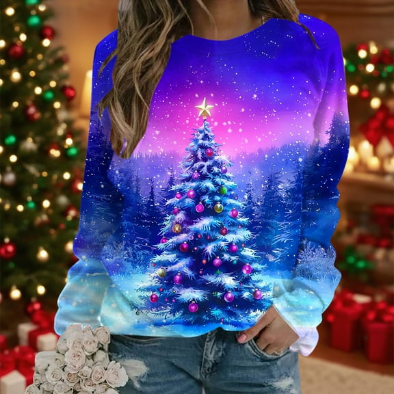Women's Christmas Sweatshirt Christmas tree Graphic Print Long Sleeve Crewneck Pullover Loose Casual Holiday Party Ugly Xmas Top