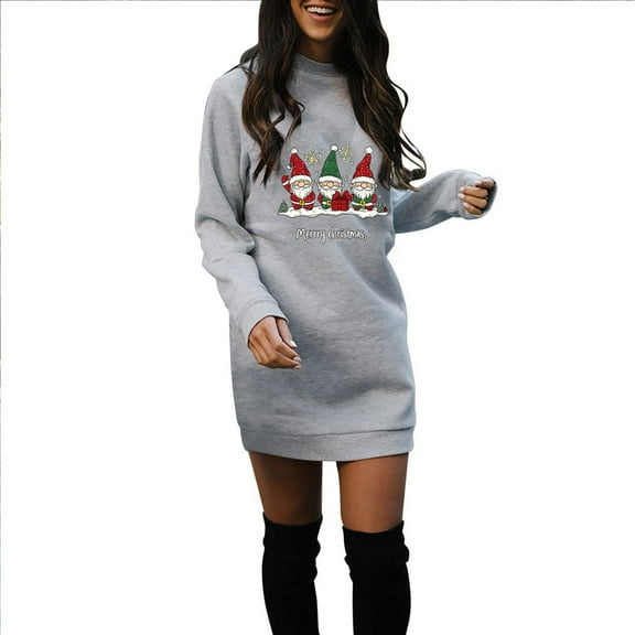 Women's Christmas Sweatshirt Dress Long Sleeve Santa Printed Crewneck Mini Skirt for Holiday Gray XL