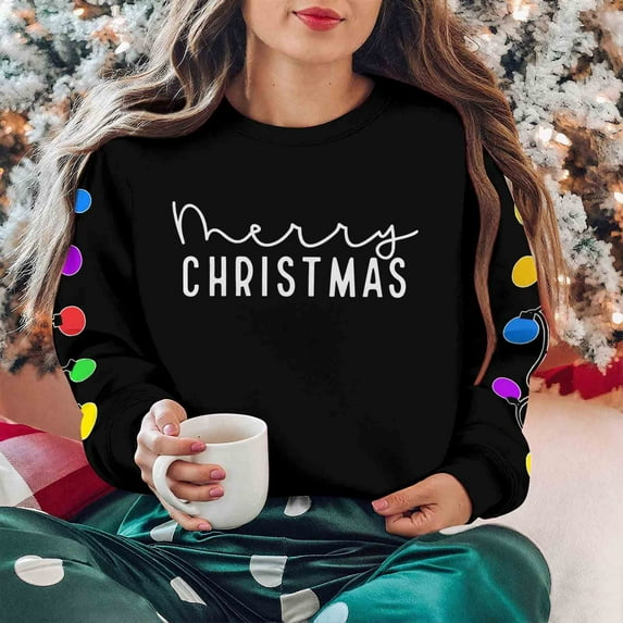 Women's Sweatshirt Fleece Lined Merry Christmas Graphic Pullover Long Sleeve Crewneck Tops Holiday Party Wear Casual Blouse