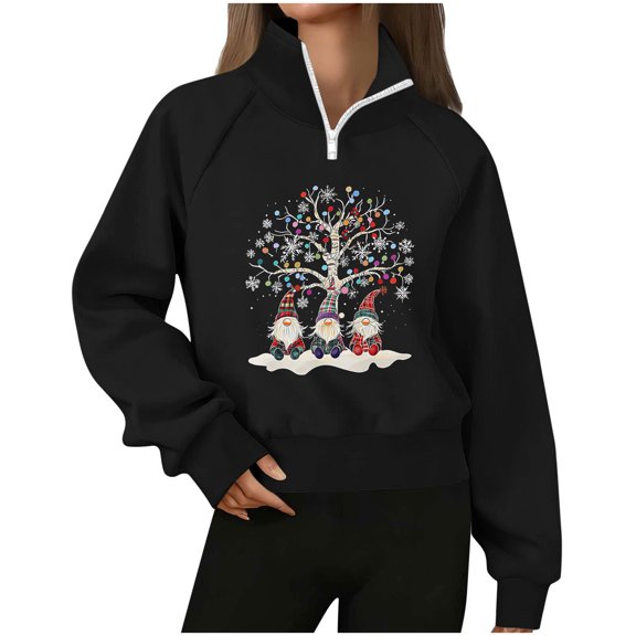 Women's Christmas Sweatshirt Half Zip Lapel Collar Print Long Sleeve Pullover Tops Black M