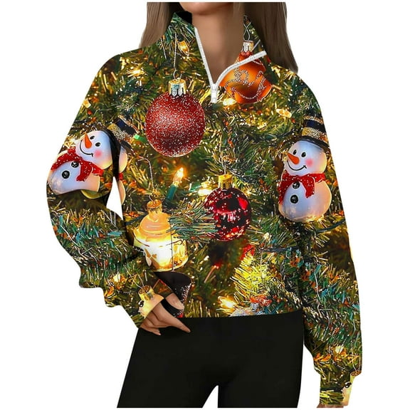 Women's Christmas Sweatshirt Half Zip Lapel Collar Print Long Sleeve Pullover Tops White M