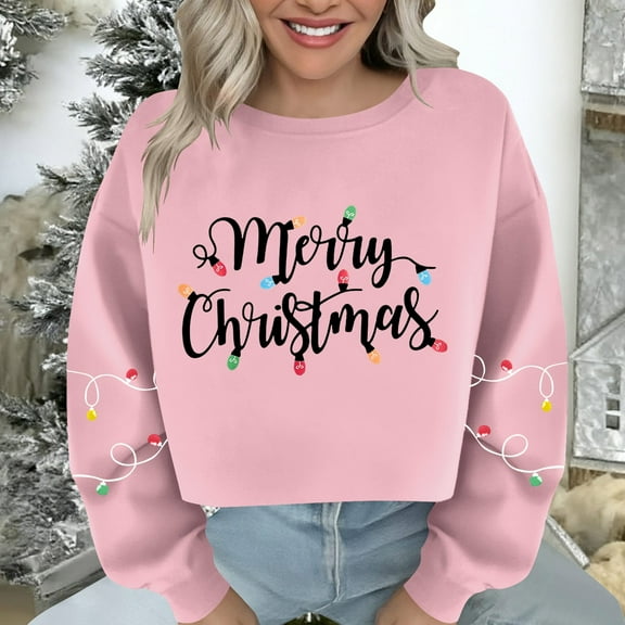 Women's Christmas Sweatshirt Long Sleeve Crewneck Croppde Letter Printed Pullover Top Pink-2 S