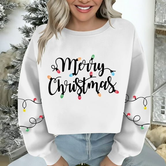 Women's Christmas Sweatshirt Long Sleeve Crewneck Croppde Letter Printed Pullover Top White-2 M