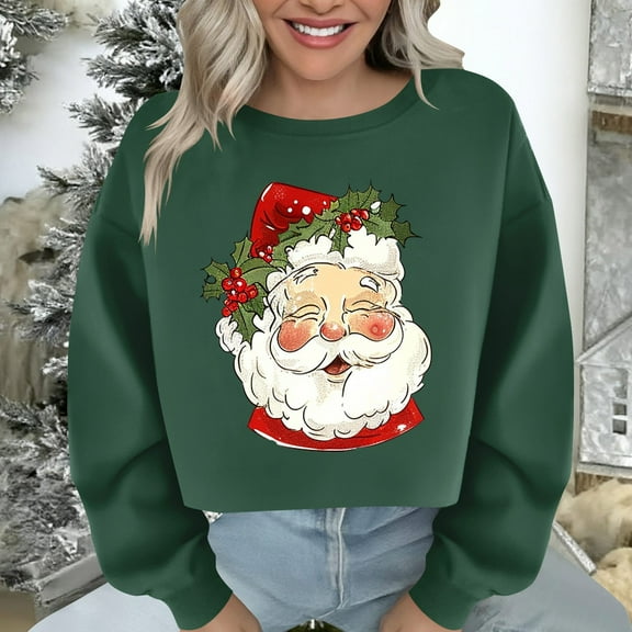 Women's Christmas Sweatshirt Long Sleeve Crewneck Croppde Santa Printed Pullover Top Green-1 S