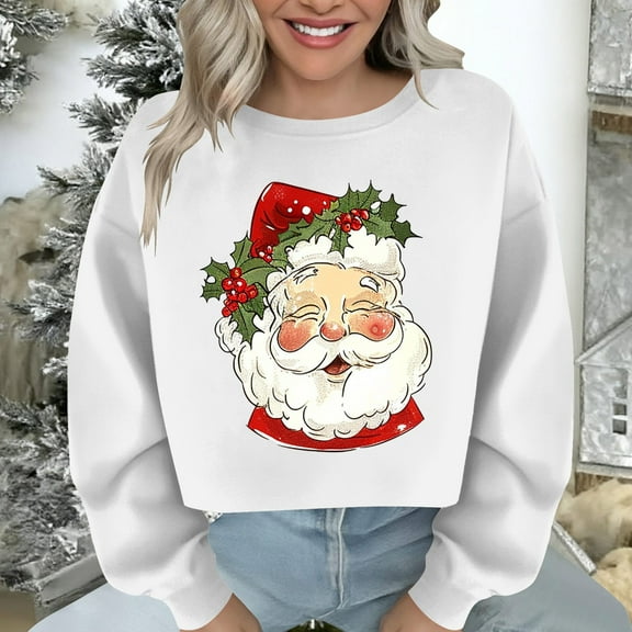 Women's Christmas Sweatshirt Long Sleeve Crewneck Croppde Santa Printed Pullover Top White-1 M