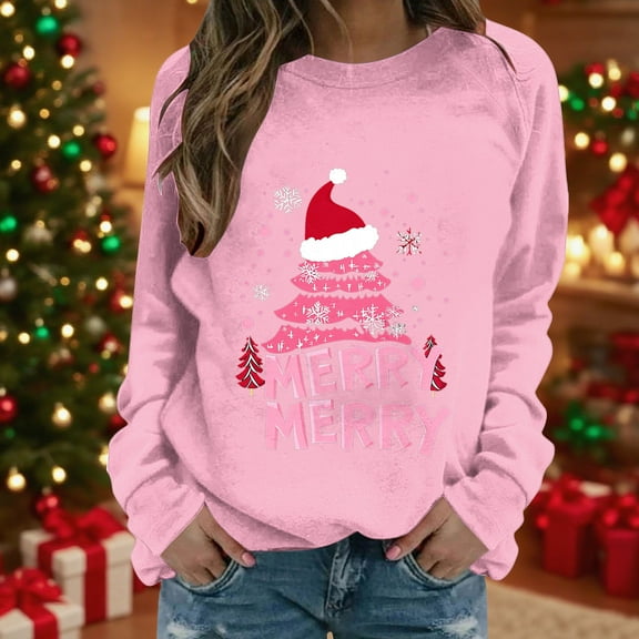 Women's Christmas Sweatshirt Long Sleeve Crewneck Holiday Pullover Merry Xmas Graphic Print Cozy Lounge Wear Fall Winter Festive Top