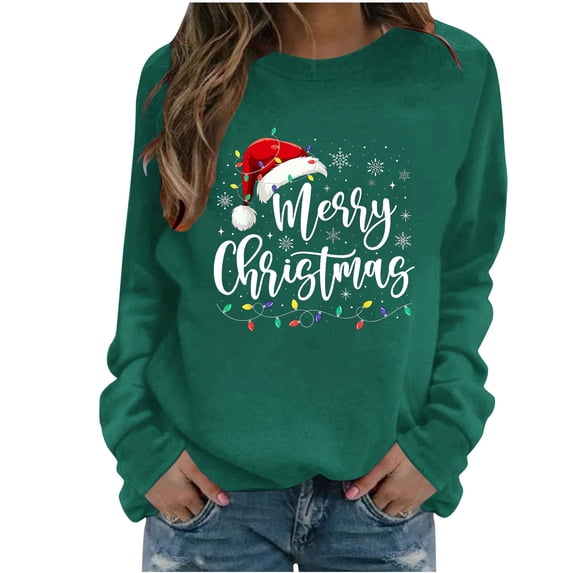 Women's Christmas Sweatshirt Long Sleeve Crewneck Print Pullover Shirt for Party Olive Green S