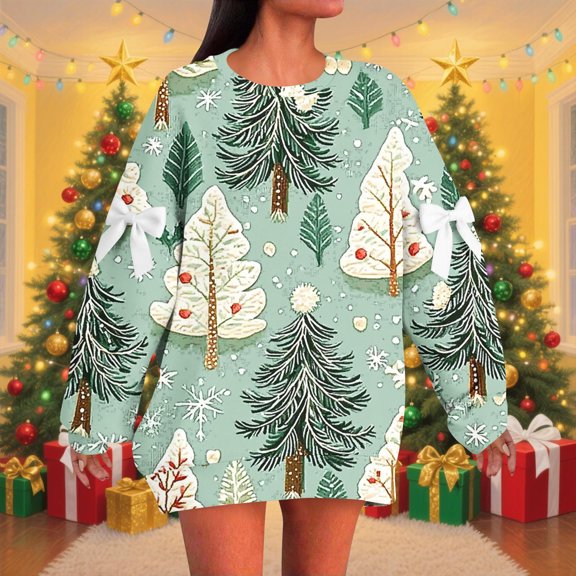 Women's Christmas Sweatshirt Plus Size Long Sleeve Bow Crewneck Pullover Oversized Casual Party Printed Tops Fall Winter Cozy Sweatshirt