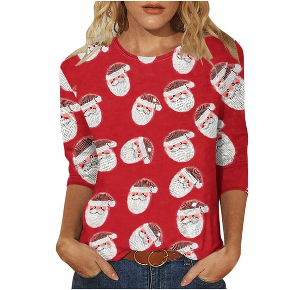 Women's Christmas Sweatshirt Santa Claus Graphic Pullover 3/4 Sleeve Casual Holiday Tops Cute Xmas Shirts