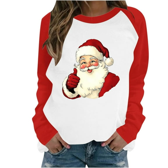 Women's Christmas Sweatshirt Santa Claus Print Pullover Long Sleeve Casual Holiday Tops Winter Raglan Graphic Sweater