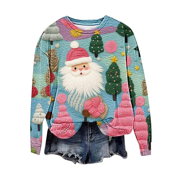 Women's Christmas Sweatshirt Santa Print Long Sleeve Crewneck Dropped Shoulder Pullover Top Pink 3XL