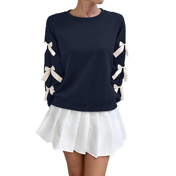 QSAWXQZ Women's Christmas Bow Sweatshirt Long Sleeve Crewneck Pullover Top for Valentine's Day Date Night Black M