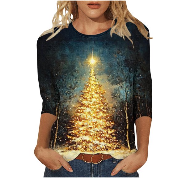 Women's Christmas Sweatshirts 3/4 Sleeve Shirts Christmas Snowflakes Print Pullover Sweater Blouses Thermal Lounge Warm Tops Spring Outfits 2025 Pullover Fall Winter Christmas Clothes
