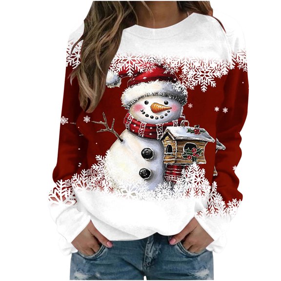 Women's Christmas Sweatshirts Casual Loose Xmas Snowman Printed Shirts Round Neck Long Sleeve Blouse Merry Christmas Capless Sweatshirt Pullover Top