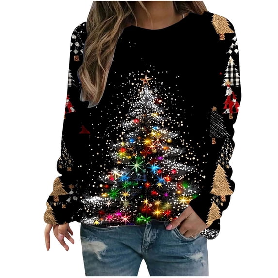 Women's Christmas Sweatshirts Funny Christmas Elk Graphic Pullover Sweater Blouse Thermal Long Sleeve Sweatshirt Comfort Casual Christmas Top Trendy 2025 Christmas Shirts