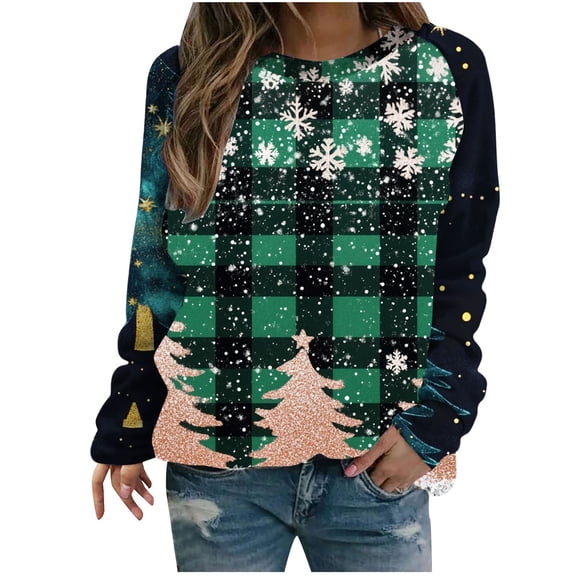 Women's Christmas Sweatshirts Christmas Elk Print Sweater Tops Crew Neck Fleece Tops Long Sleeve Christmas Patterns Thermal Pullover Sweater Blouses