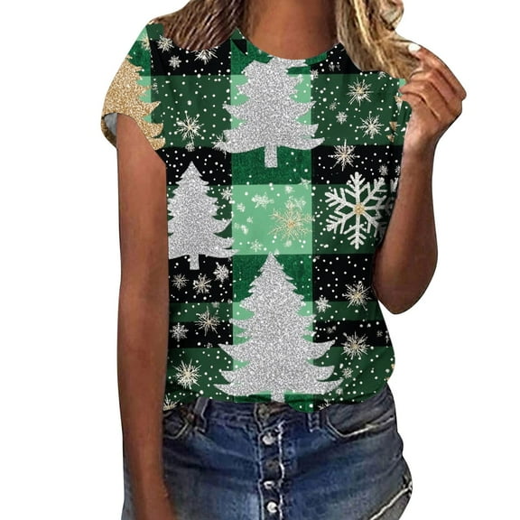 Women's Christmas Sweatshirts Christmas Meteor Graphic Tee Shirts Relaxed Fit Tops Short Sleeve Pullover Sweater Blouse Trendy 2025 Summer Blouses