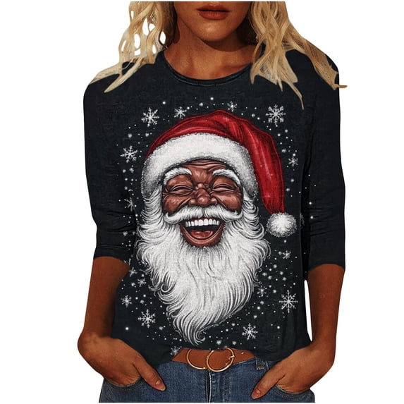 Women's Christmas Sweatshirts Crew Neck Pullover Sweater Blouses 3/4 Sleeve Tops Xmas Graphic Santa Claus Print Blouse Top Causal Dressy Xmas Holiday Top