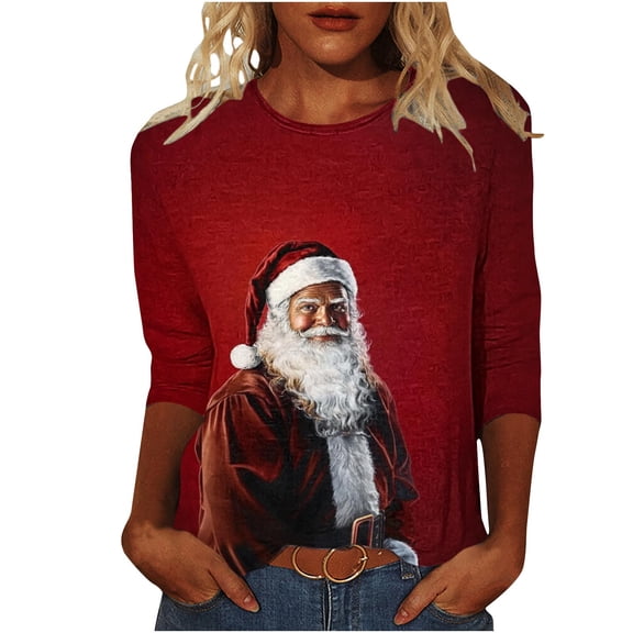 Women's Christmas Sweatshirts Crew Neck Pullover Sweater Blouses 3/4 Sleeve Tops Xmas Graphic Santa Claus Print Blouse Top Causal Dressy Xmas Holiday Top