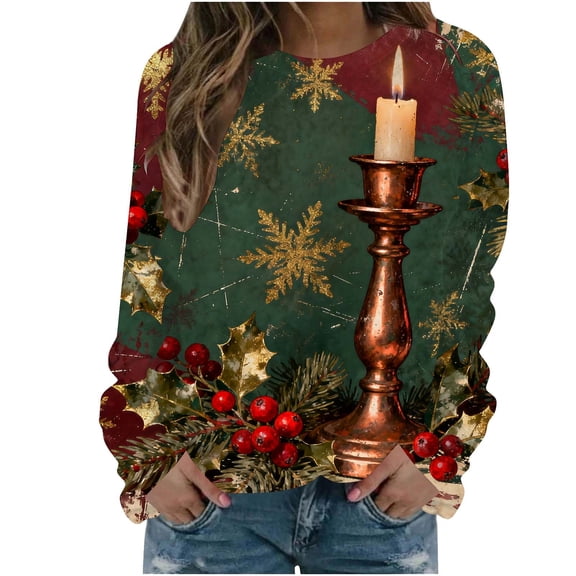 Women's Christmas Sweatshirts Crew Neck Tops Long Sleeve Pullover Sweater Blouses Relaxed Fit Sweatshirt Lounge Dressy Shirts Tops Xmas Graphic Sweatshirt