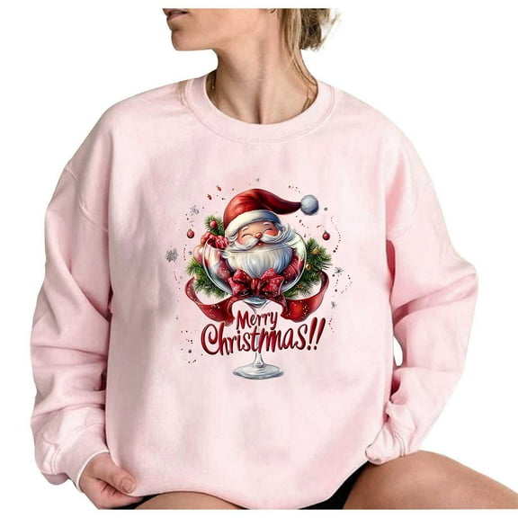 Women's Christmas Sweatshirts Cute Pink Xmas Printed Shirts Casual Round Neck Sweaters Merry Christmas Blouses Holiday Long Sleeve Sweatshirt Pullover Top