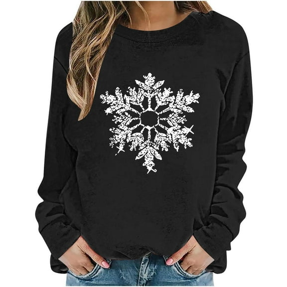Women's Christmas Sweatshirts Long Sleeve Crewneck Ribbed Cuffs Holiday Pullover Shirts Black-1 XS