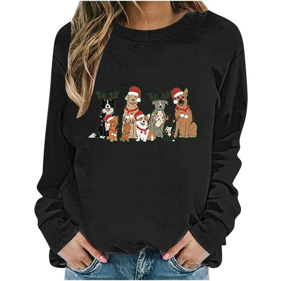 Women's Christmas Sweatshirts Long Sleeve Crewneck Ribbed Cuffs Holiday Pullover Shirts Black-2 XS