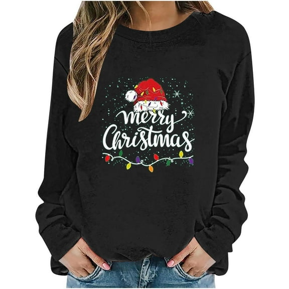 Women's Christmas Sweatshirts Long Sleeve Crewneck Ribbed Cuffs Holiday Pullover Shirts Black-3 XS