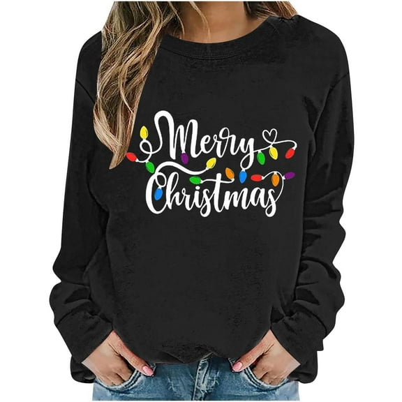 Women's Christmas Sweatshirts Long Sleeve Crewneck Ribbed Cuffs Holiday Pullover Shirts Black XS