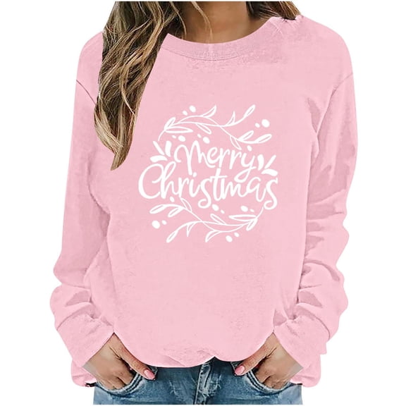 Women's Christmas Sweatshirts Long Sleeve Crewneck Ribbed Cuffs Holiday Pullover Shirts Pink-2 XS