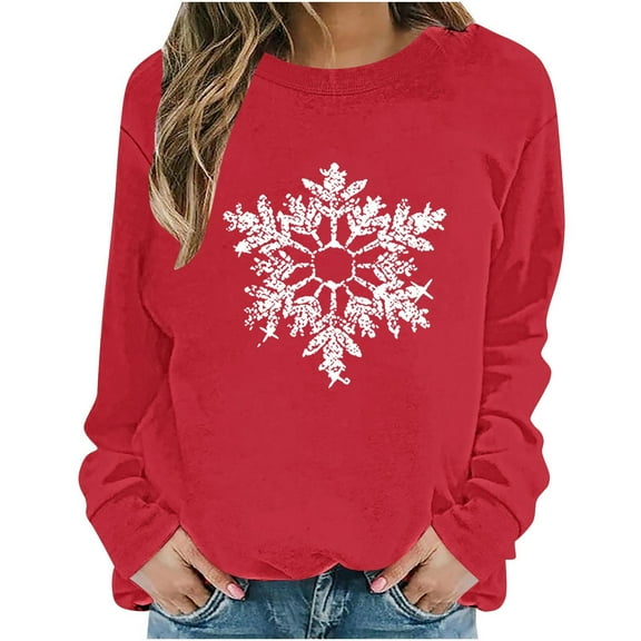 Women's Christmas Sweatshirts Long Sleeve Crewneck Ribbed Cuffs Holiday Pullover Shirts Red-1 L