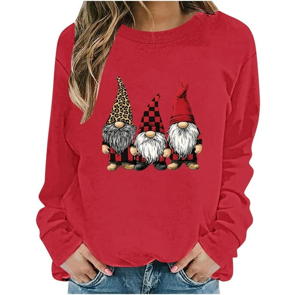 Women's Christmas Sweatshirts Long Sleeve Crewneck Ribbed Cuffs Holiday Pullover Shirts Red-5 L