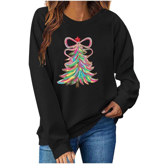 Women's Christmas Sweatshirts Long Sleeves Crewneck Shirts Fashion Christmas Tree Printed Blouses Holiday Merry Pullover Casual Loose Christmas Sweatshirt