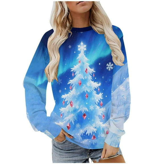 Women's Christmas Sweatshirts Merry Fleece Xmas Crewneck Sweaters Fashion Christmas Printed Long Sleeve Blouses Casual Loose Shirts Xmas Holiday Pullover Tops