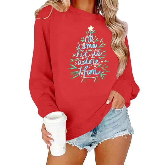 Women's Christmas Sweatshirts Merry Xmas Graphic Printed Sweaters Long Sleeve Crew Neck Blouses Casual Happy Holiday Shirts Pullover Top