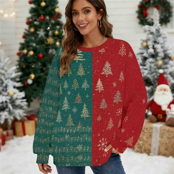 Women's Christmas Sweatshirts Plus Size Vintage Printed Round Neck Casual Sporty Long Sleeve Fleece Pullover