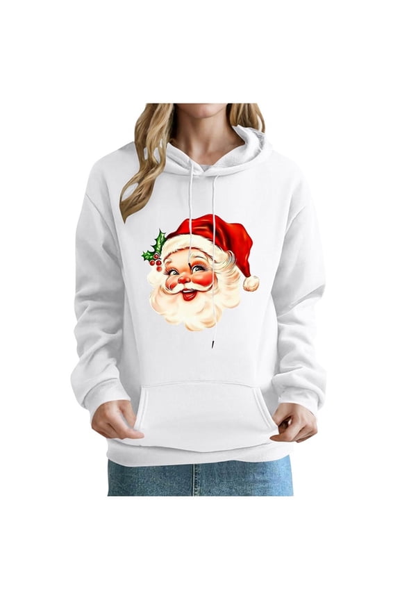 Women's Christmas Sweatshirts Santa Claus Print Pullover Sweater Blouses Drawstring Adjustable Hoodies Relaxed Fit Long Sleeve Hoodies with Kangaroo Pocket