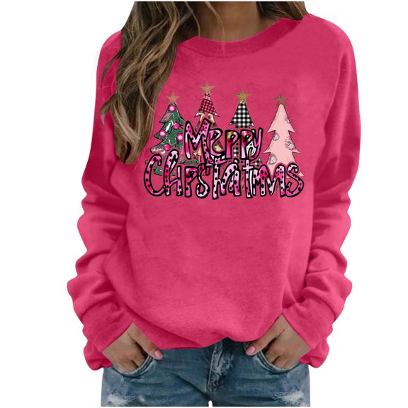 Women's Christmas Sweatshirts，Womens Crew Neck Tops Long Sleeve Pullover Sweater Blouses Relaxed Fit Sweatshirt Lounge Dressy Shirts Tops Xmas Graphic Sweatshirt