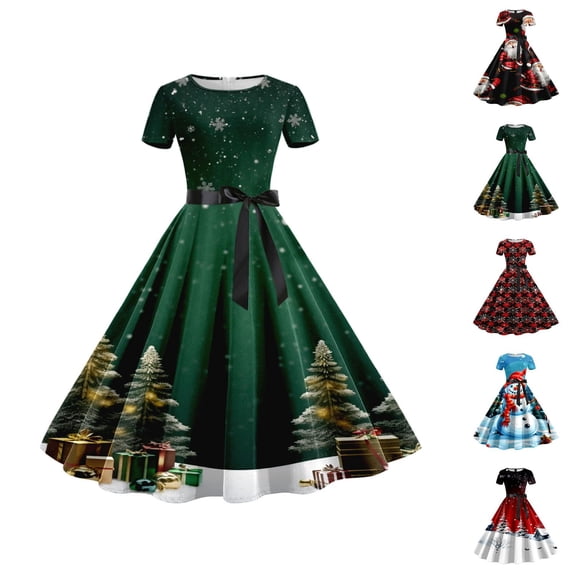 Women’s Christmas Swing Dress, Short Sleeve Retro Print 1950s Party Dress, Festive Holiday Outfit for Celebrations