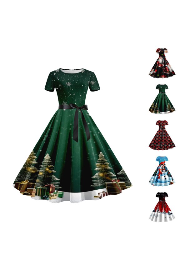 Women’s Christmas Swing Dress, Short Sleeve Retro Print 1950s Party Dress, Festive Holiday Outfit for Celebrations